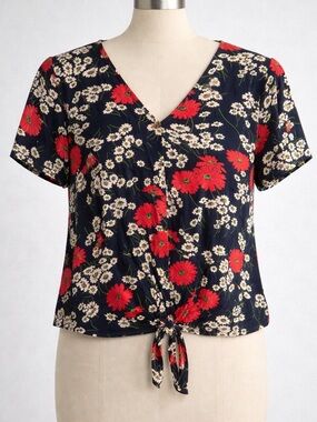Madewell Navy Tie-Front Crop Top with Red & Cream Floral Print
